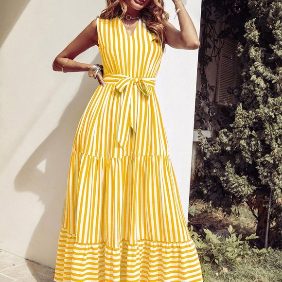New Striped Notched Neck Ruffle Hem Belted Dress yellow - Picture 3 of 5